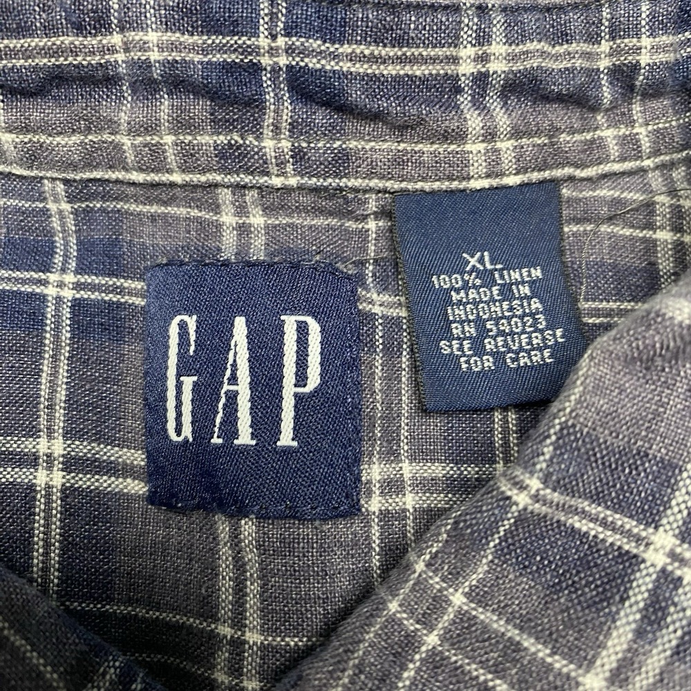 90s Y2K Gap Linen Shirt XL S/S Button Down Purple Gray Plaid Grunge Normcore - Picture 7 of 8